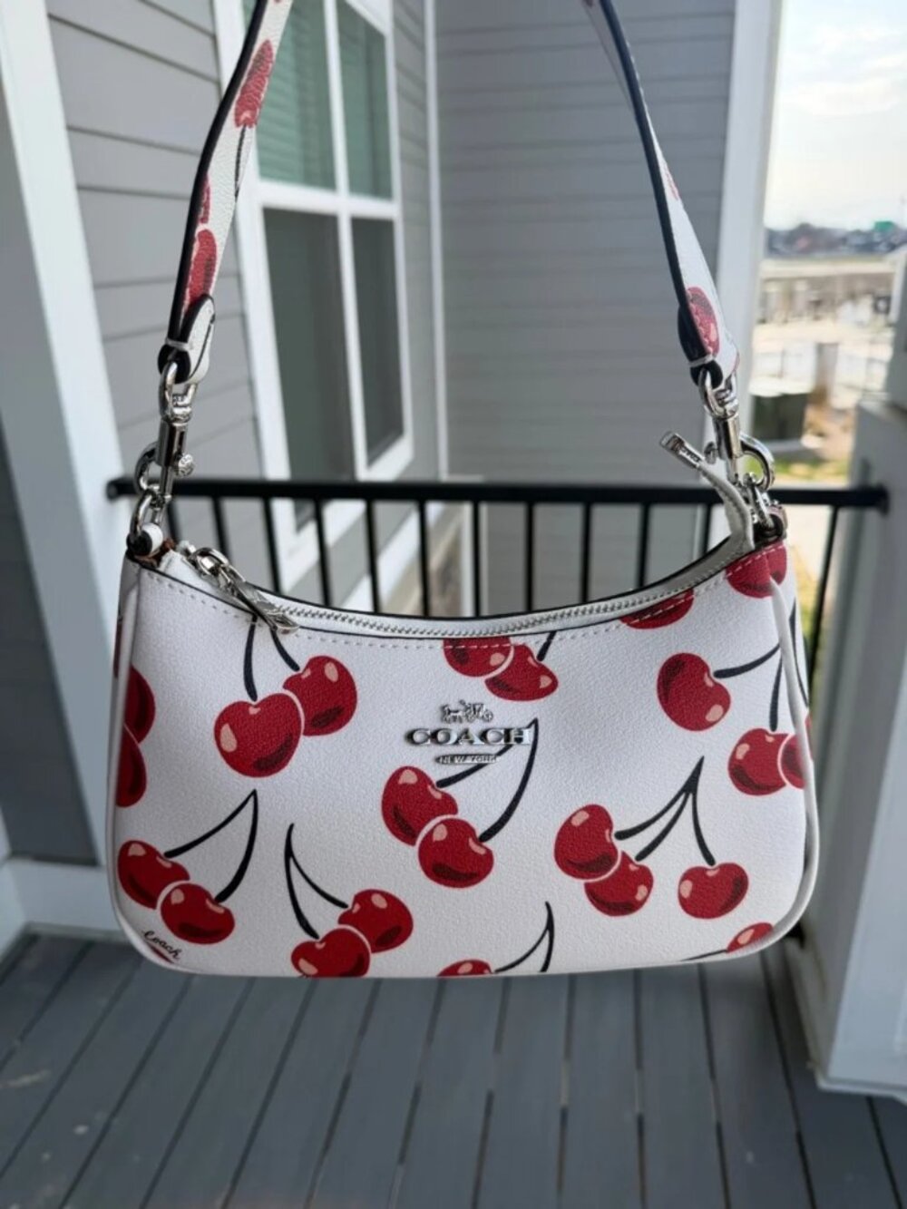 New Coach White Leather Shoulder Bag with Red Cherry Print
